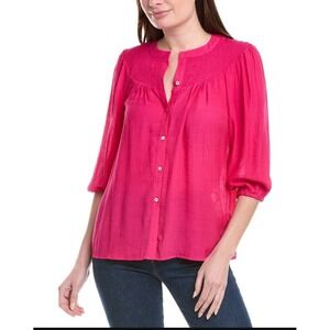 Nanette Lepore Pink Pucker Smocked‎ Button Down Peasant Top 3/4 Puff Sleeve Sz S